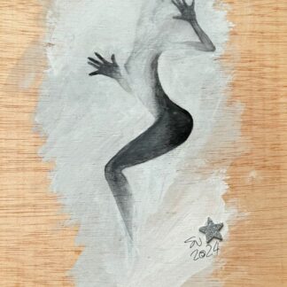 Pintura de una figura atrapada en tonos grises, simbolizando la lucha interna y el deseo de liberación. Acrílico sobre madera de 20x30 cm