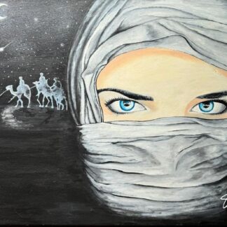 Pintura de una mujer con velo, mostrando solo sus ojos azules bajo un cielo estrellado, con una caravana de camellos al fondo. Acrílicos sobre lienzo de 54x73 cm.