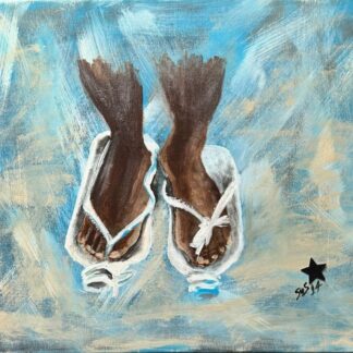 Pintura de pies en sandalias improvisadas, simbolizando resiliencia y la lucha diaria. Acrílico sobre lienzo de 55x41 cm