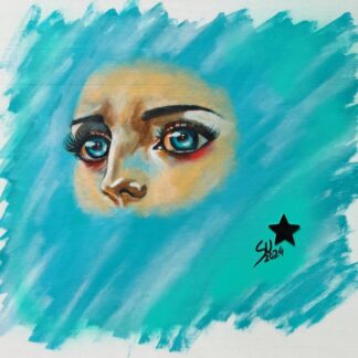 Pintura de un rostro con mirada intensa, rodeado de tonos azules, que simboliza emociones y pensamientos profundos. Acrílico sobre lienzo de 55x46 cm