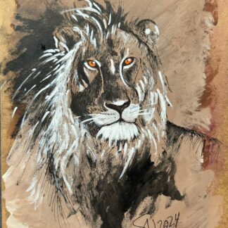 Pintura de un león con mirada intensa, simbolizando majestuosidad, valentía y dignidad. Acrílico sobre madera de 20x30 cm