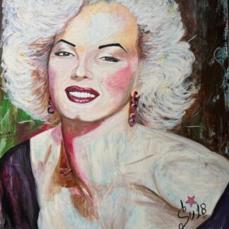 Retrato de Marilyn Monroe con detalles de brillos que destacan su elegancia y belleza icónica. Acrílico sobre lienzo de 1mx80cm