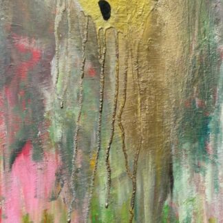 Pintura abstracta con trazos y goteos que reflejan melancolía y agotamiento emocional, con una estrella dorada como firma del artista, representando la perseverancia en momentos difíciles.