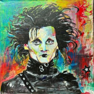Pintura acrílica de Edward Scissorhands con una explosión de colores vibrantes sobre fondo abstracto, capturando la tristeza del personaje en un lienzo de 60x60 cm