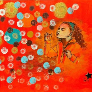 Pintura de una niña soplando burbujas en un fondo colorido que transmite la alegría y la pureza de la infancia. Acrílico sobre madera de 40x30 cm.