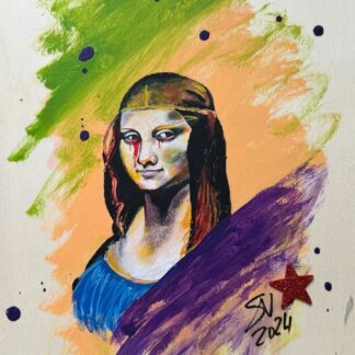 Pintura de una reinterpretación moderna de un ícono clásico, con colores vibrantes que exploran la transformación de emociones y símbolos culturales. Acrílico sobre madera de 40x30 cm.