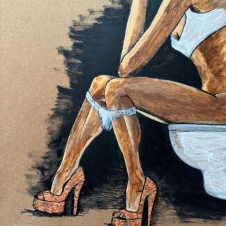 Pintura de mujer en lencería blanca y tacones dorados, sentada en un momento de introspección y vulnerabilidad. Arte moderno que explora la feminidad y la auto-reflexión personal