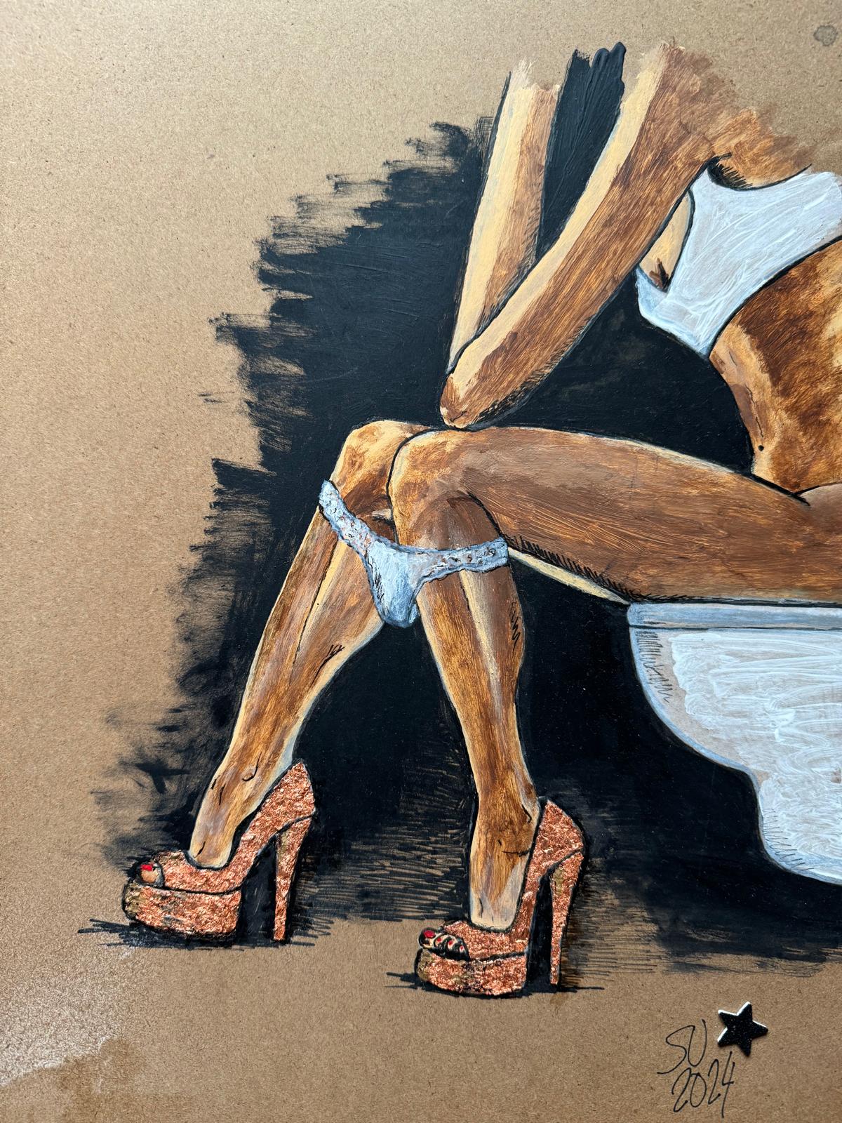 Pintura de mujer en lencería blanca y tacones dorados, sentada en un momento de introspección y vulnerabilidad. Arte moderno que explora la feminidad y la auto-reflexión personal