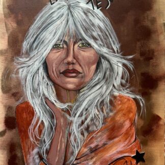 Retrato de mujer con cabello plateado y mirada serena, destacando la sabiduría y belleza de la madurez. Pintura con la frase 'El tiempo esconde tesoros' que simboliza las experiencias y memorias invaluables adquiridas con los años.