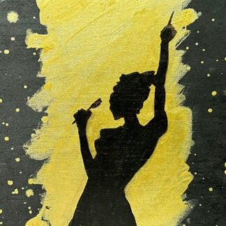 Pintura de una silueta femenina en tonos oscuros y dorados, reinterpretando un ícono clásico con un enfoque moderno que refleja la transformación cultural y emocional. Acrílico sobre madera de 20x30 cm.