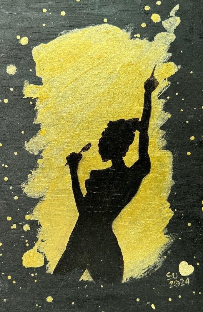 Pintura de una silueta femenina en tonos oscuros y dorados, reinterpretando un ícono clásico con un enfoque moderno que refleja la transformación cultural y emocional. Acrílico sobre madera de 20x30 cm.