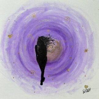 Pintura de una silueta femenina rodeada de tonos púrpuras, simbolizando un viaje introspectivo hacia el centro de uno mismo, rodeado de luz y misterio. Acrílico sobre lienzo de 40x40 cm.